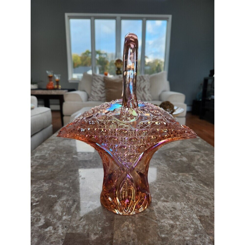 Vintage L.E.Smith Carnival Glass Pink Bride's Basket Vase, 12"